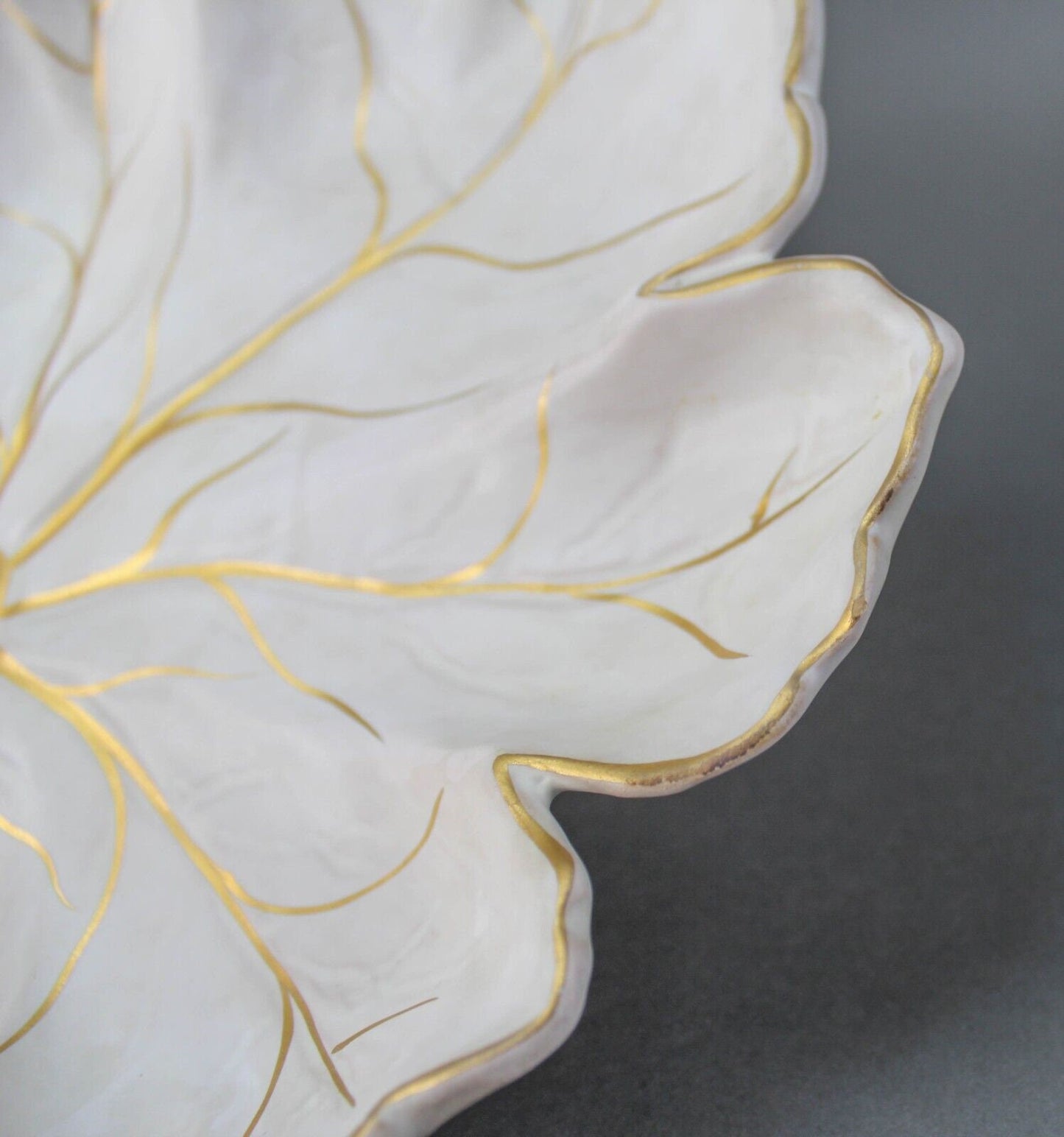 Italian Vintage MCM White Leaf Gold Trim Dish Tray Pottery Signed Italy 90/869/5