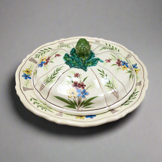 Vallauris French Fait Main Floral Artichocke Lidded Serving Platter Tray Pottery