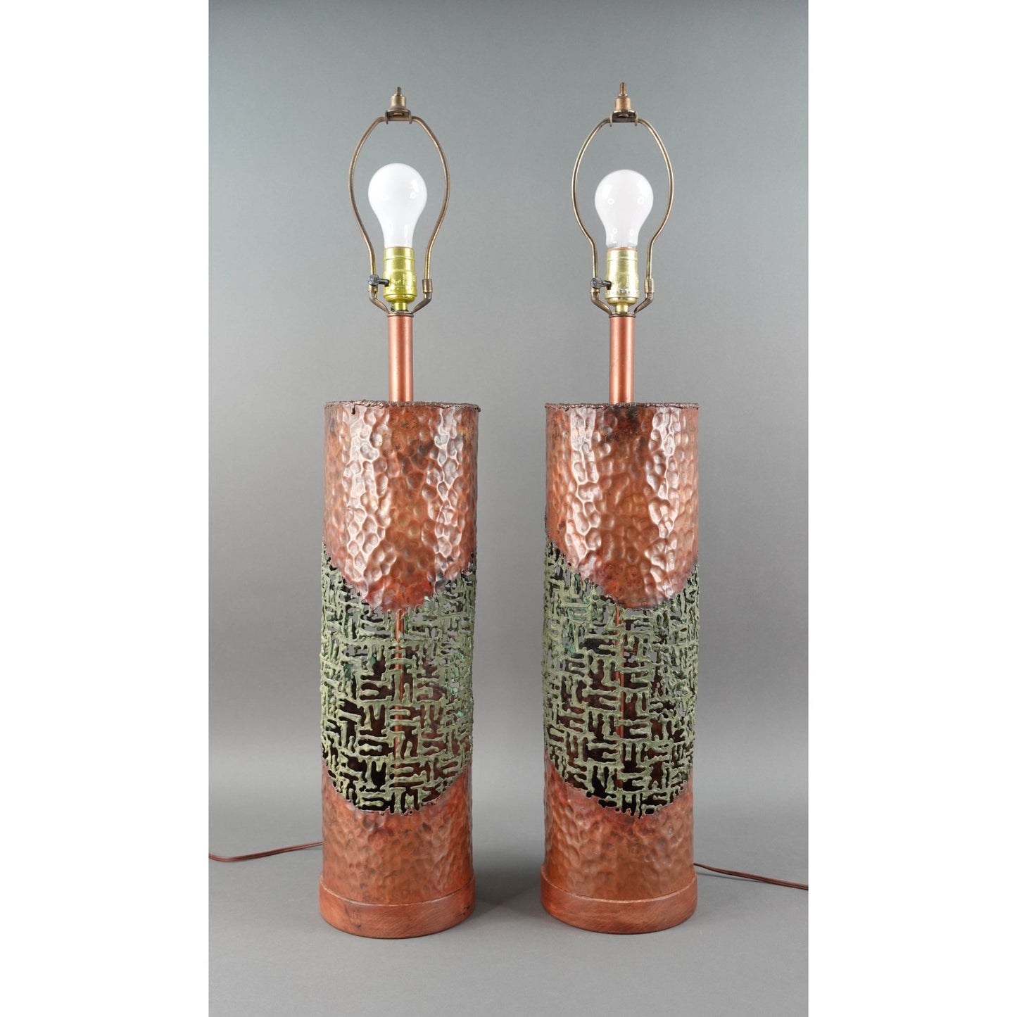 Marcello Fantoni Raymor MCM Brutalist Torch Cut Copper Sculptural Table Lamps