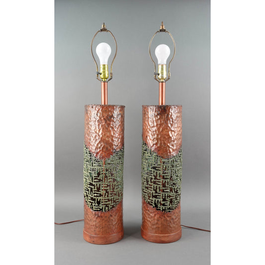 Marcello Fantoni Raymor MCM Brutalist Torch Cut Copper Sculptural Table Lamps
