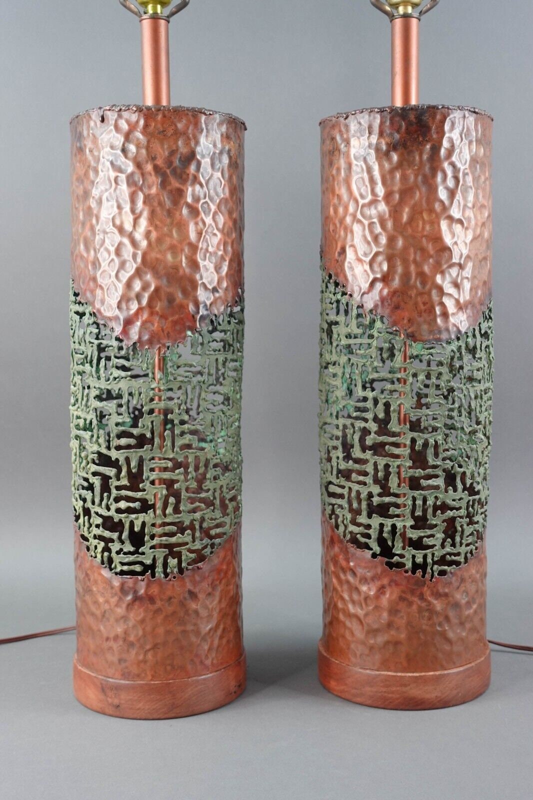 Marcello Fantoni Raymor MCM Brutalist Torch Cut Copper Sculptural Table Lamps