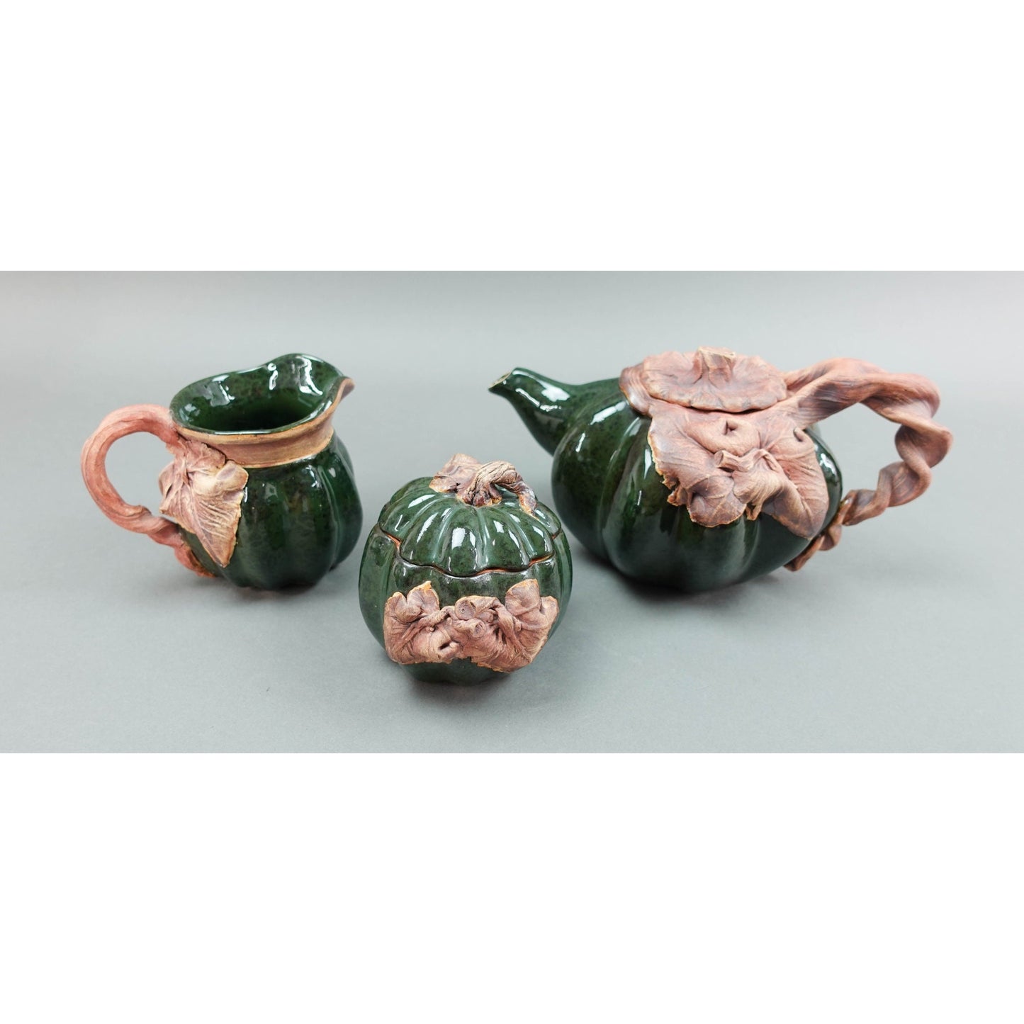 Terrafirma USA LSE 2001 Studio Pottery Clay Leaves Teapot Sugar Creamer Set