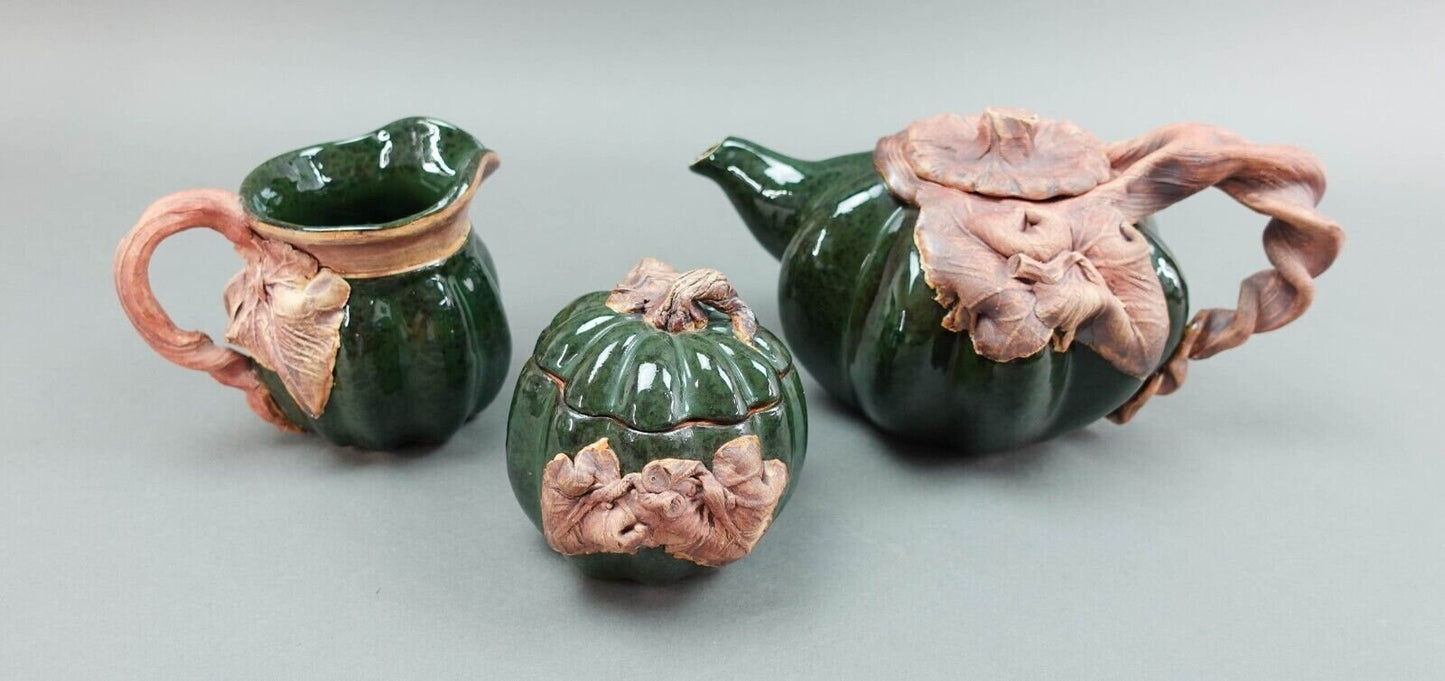 Terrafirma USA LSE 2001 Studio Pottery Clay Leaves Teapot Sugar Creamer Set