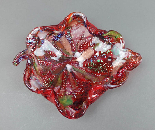 Vintage Murano Italy Ruby Red Leaf Colorful Confetti Glass Candy Dish Bowl
