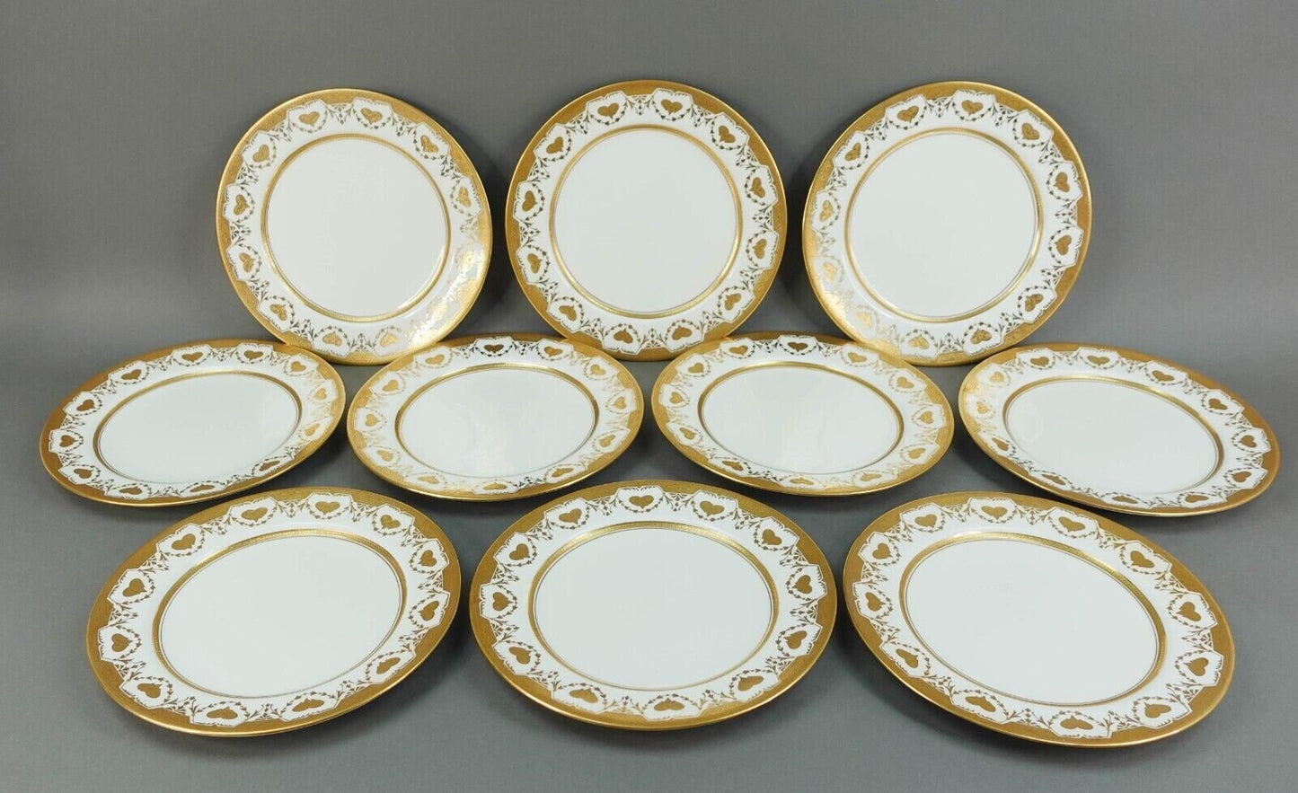 Crown Sutherland England Antique Heavy Gold Raised Heart Dinner Plates Set Of 10