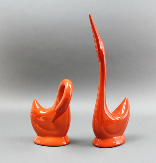 Jaru California Pair Orange Art Pottery Swans Bird Sculpture Mid Century Modern