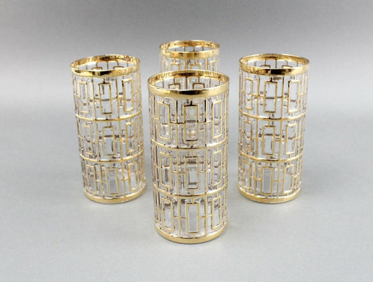 Imperial Glass Shoji Trellis 22K Gold Highball Glasses Tumblers 5 3/4" Set of 4