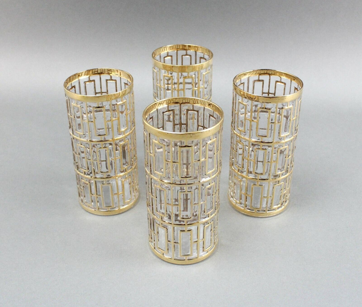 Imperial Glass Shoji Trellis 22K Gold Highball Glasses Tumblers 5 3/4" Set of 4