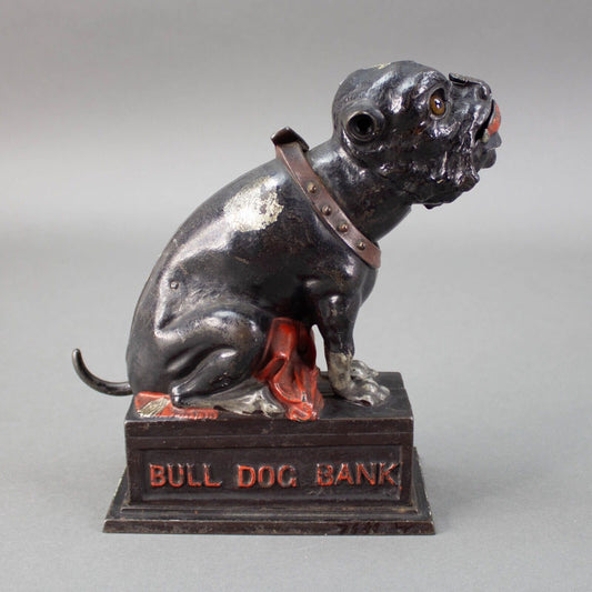 J & E Stevens Cast Iron Bull Dog Bank Coin On Nose (Red Blanket) Cir. 1875-1880