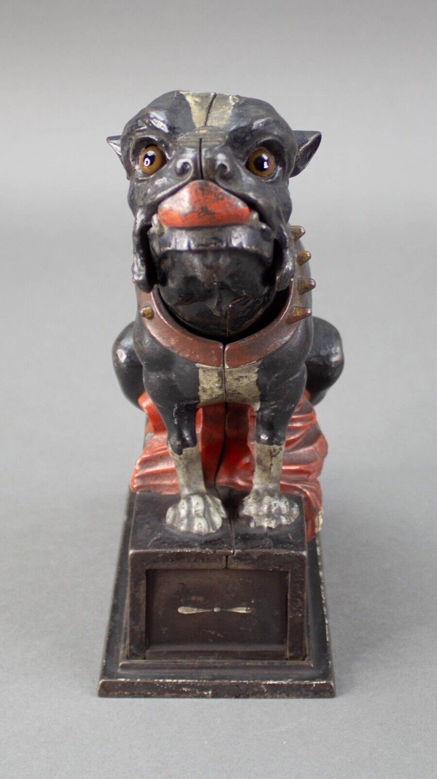 J & E Stevens Cast Iron Bull Dog Bank Coin On Nose (Red Blanket) Cir. 1875-1880