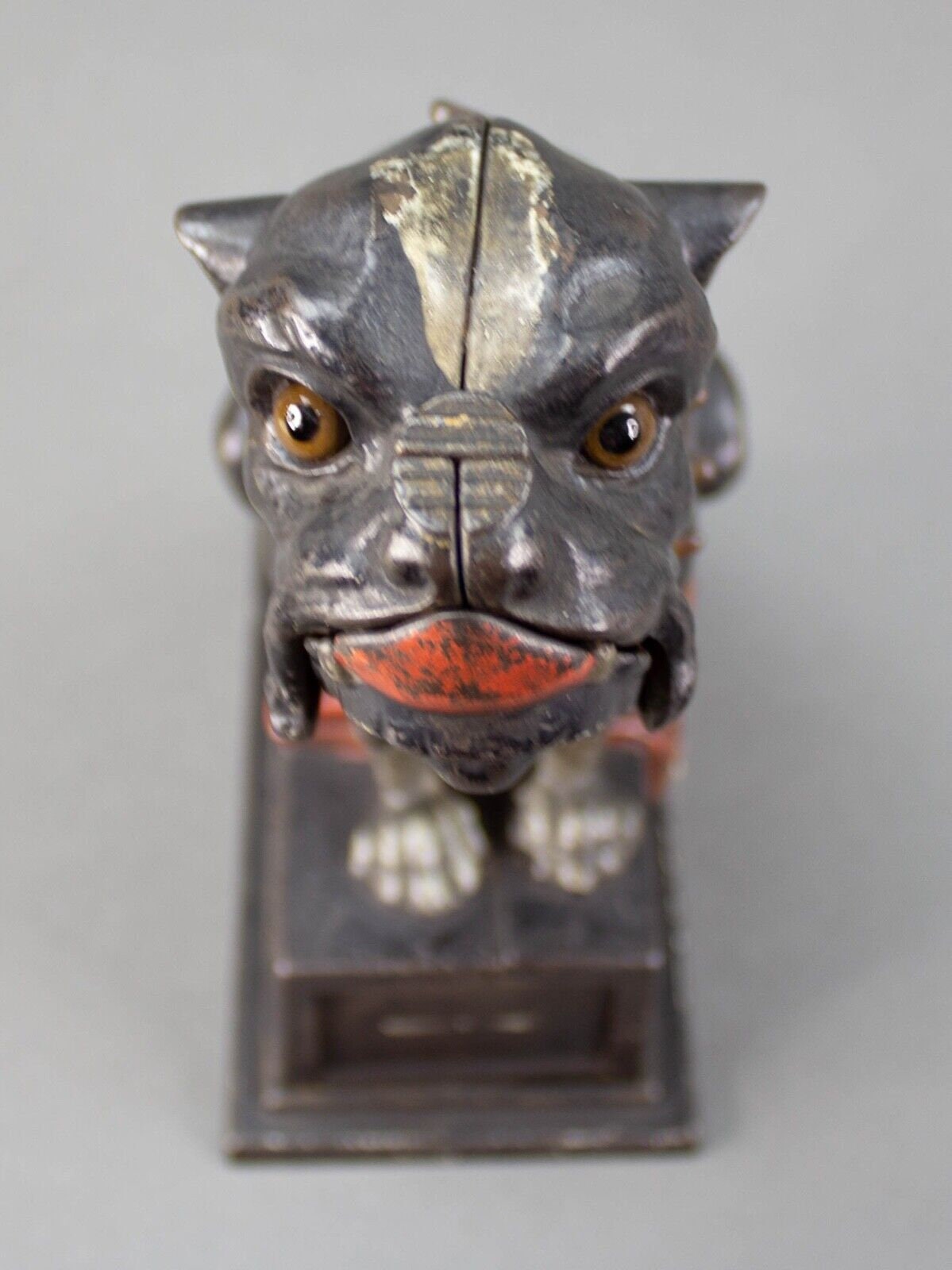 J & E Stevens Cast Iron Bull Dog Bank Coin On Nose (Red Blanket) Cir. 1875-1880