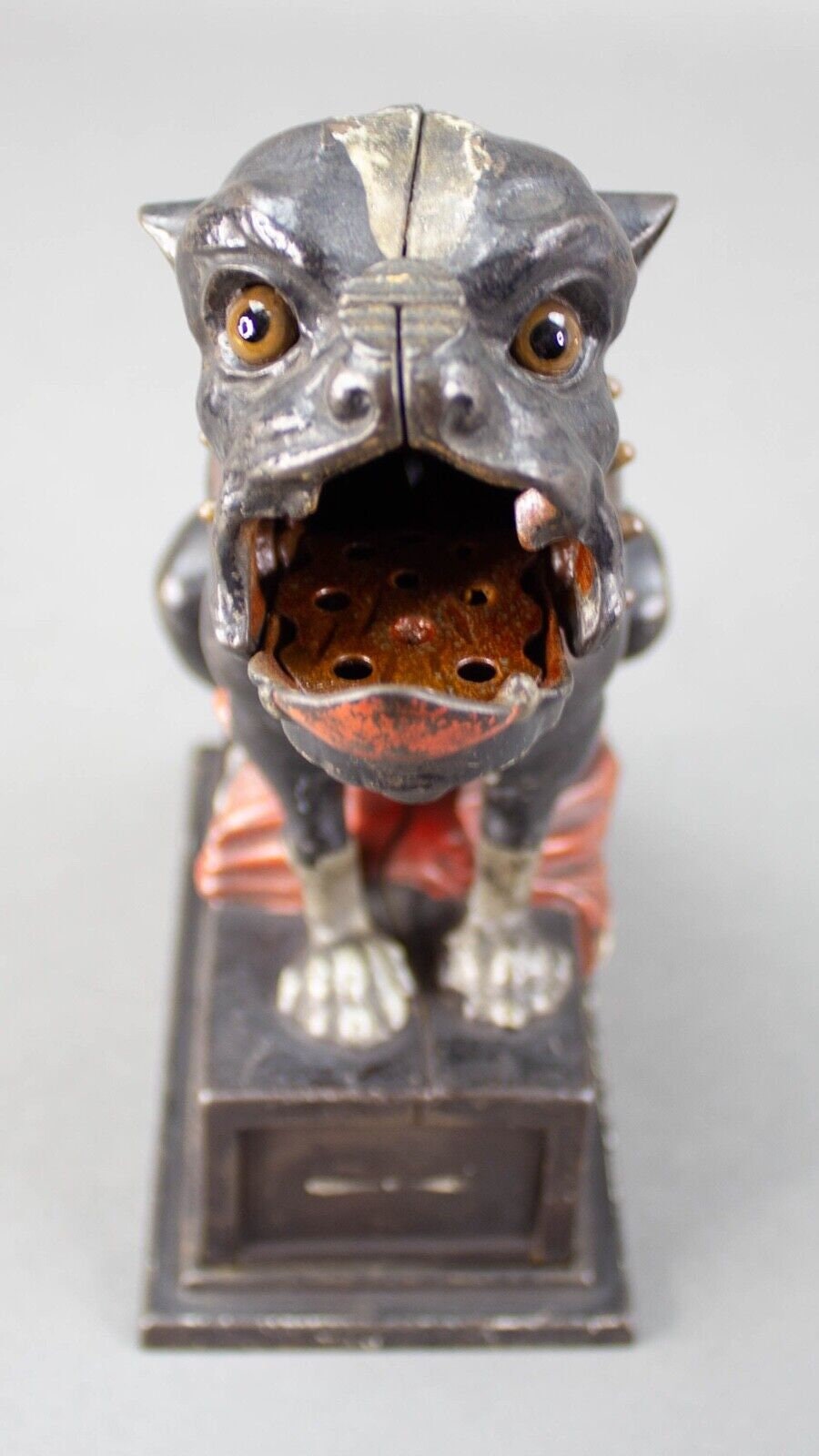 J & E Stevens Cast Iron Bull Dog Bank Coin On Nose (Red Blanket) Cir. 1875-1880