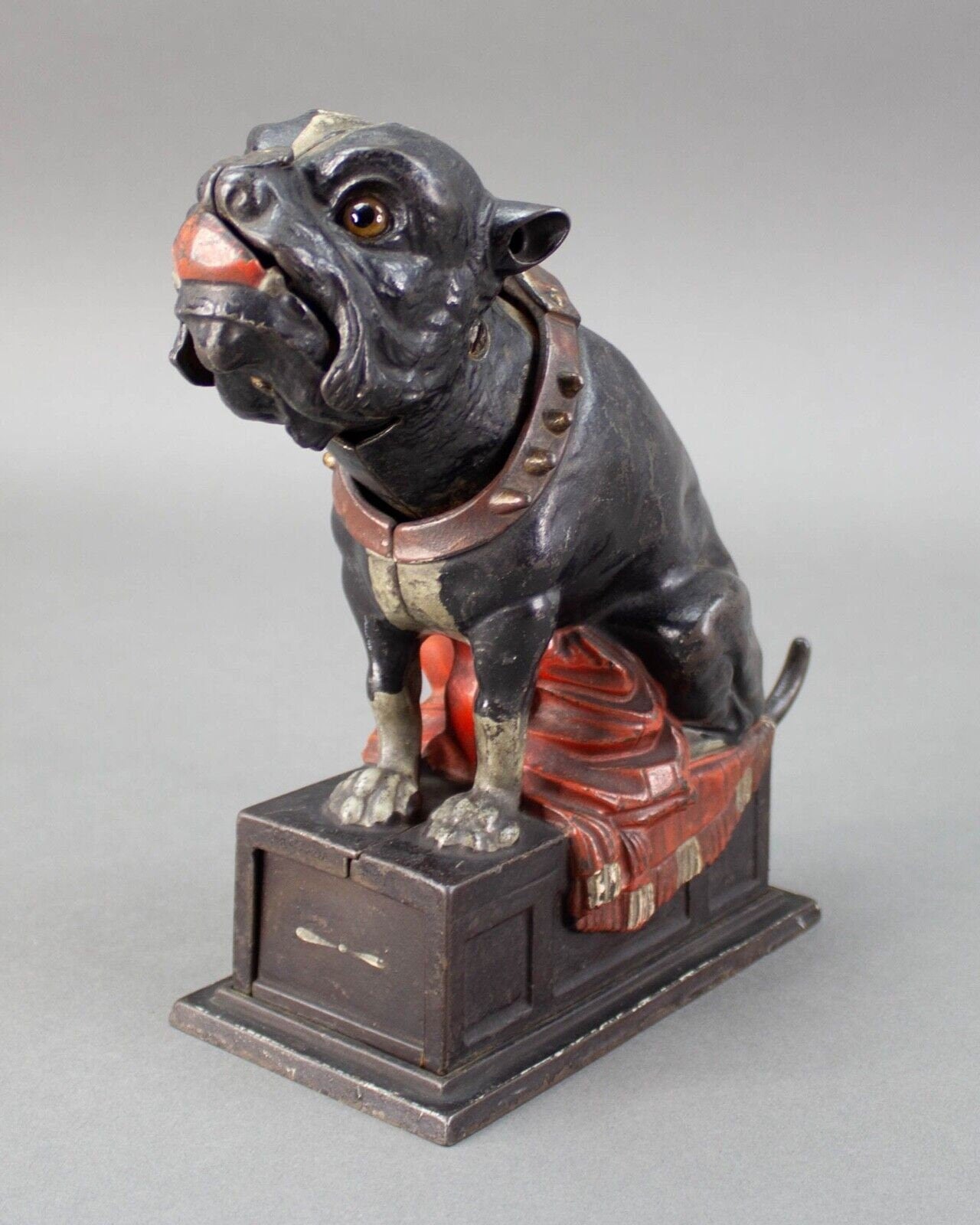 J & E Stevens Cast Iron Bull Dog Bank Coin On Nose (Red Blanket) Cir. 1875-1880
