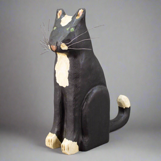 Ted & Reb Nichols 1987 Signed Folk Art Large Hand Carved Wood Cat 10 3/8"