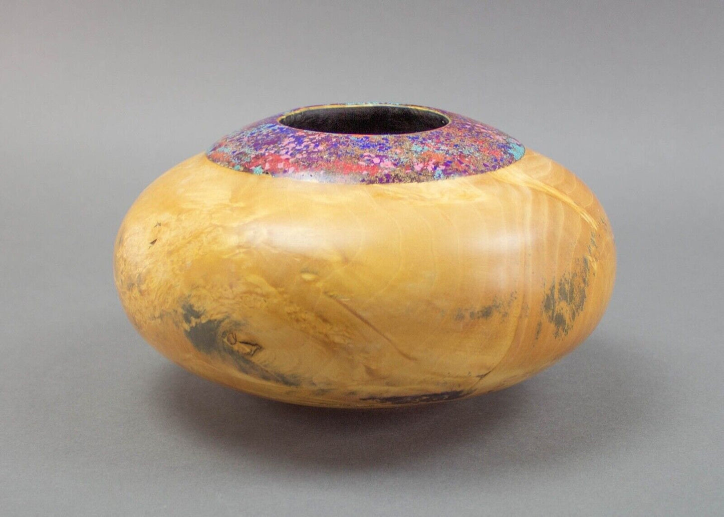 Marc Wroe Turned Burl Wood Vase Coral Turquoise Sugilite Lapis Sodalite Inlay