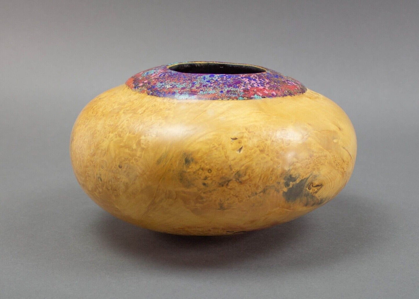 Marc Wroe Turned Burl Wood Vase Coral Turquoise Sugilite Lapis Sodalite Inlay