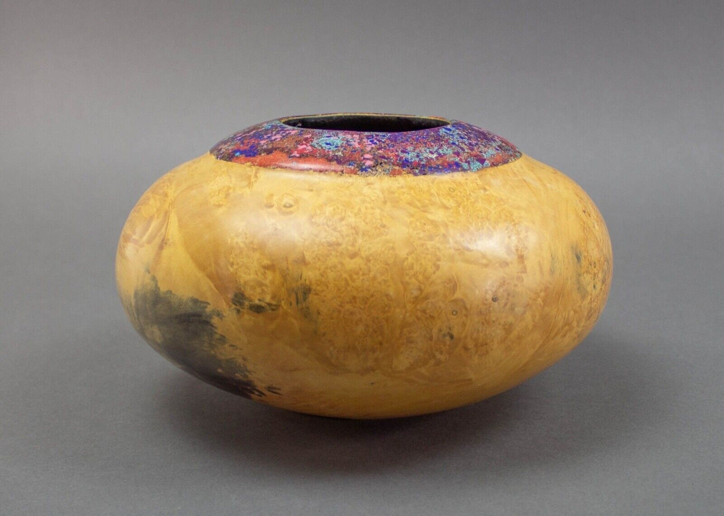 Marc Wroe Turned Burl Wood Vase Coral Turquoise Sugilite Lapis Sodalite Inlay