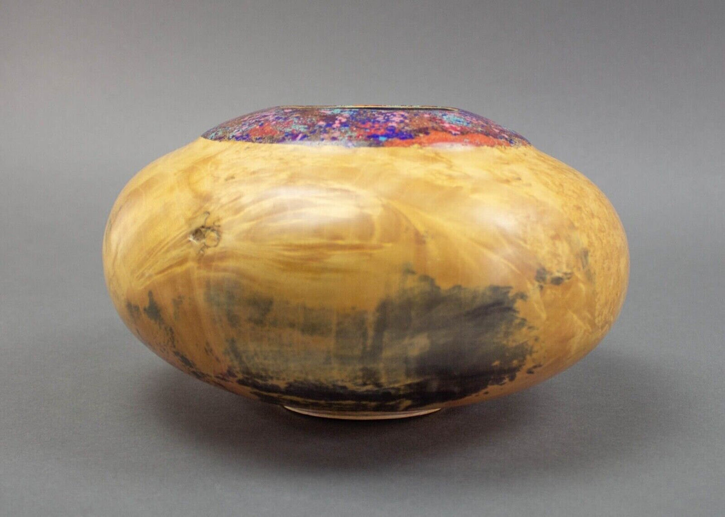 Marc Wroe Turned Burl Wood Vase Coral Turquoise Sugilite Lapis Sodalite Inlay