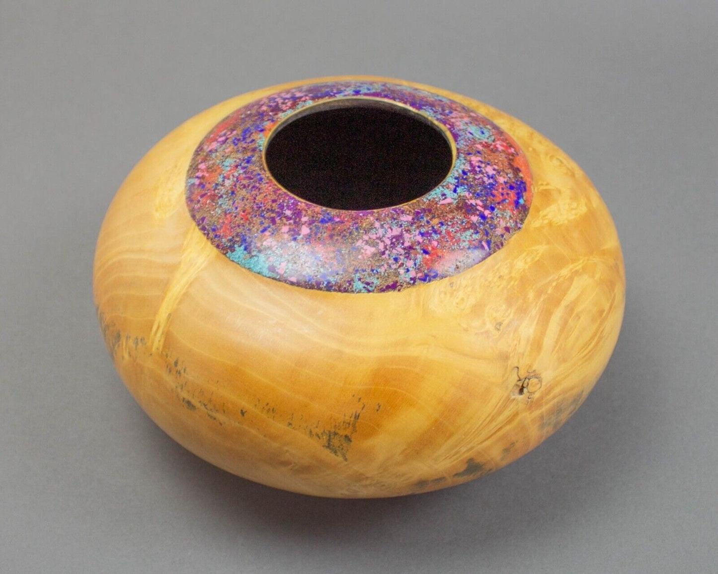 Marc Wroe Turned Burl Wood Vase Coral Turquoise Sugilite Lapis Sodalite Inlay