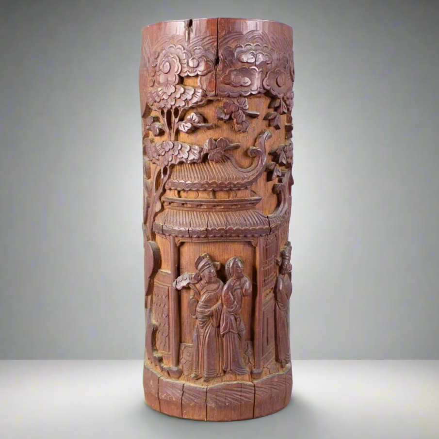 Antique Chinese Carved Bamboo Deep Relief Brush Pot Vase 11 5/8" Tall Signed