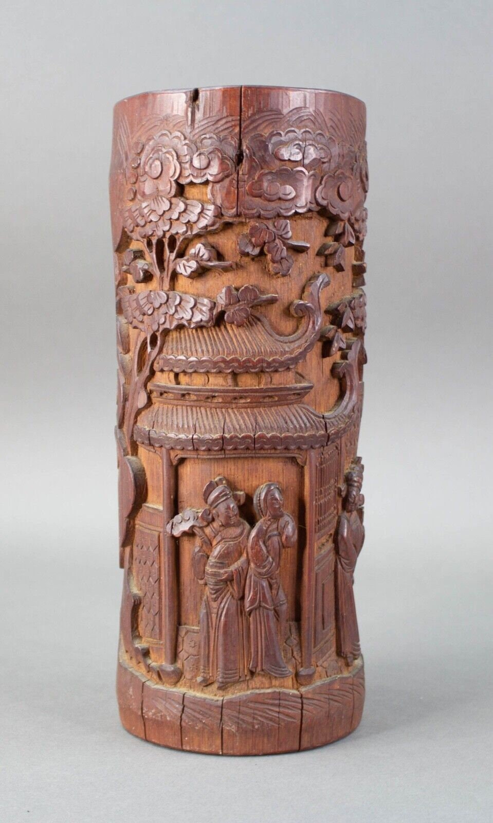 Antique Chinese Carved Bamboo Deep Relief Brush Pot Vase 11 5/8" Tall Signed