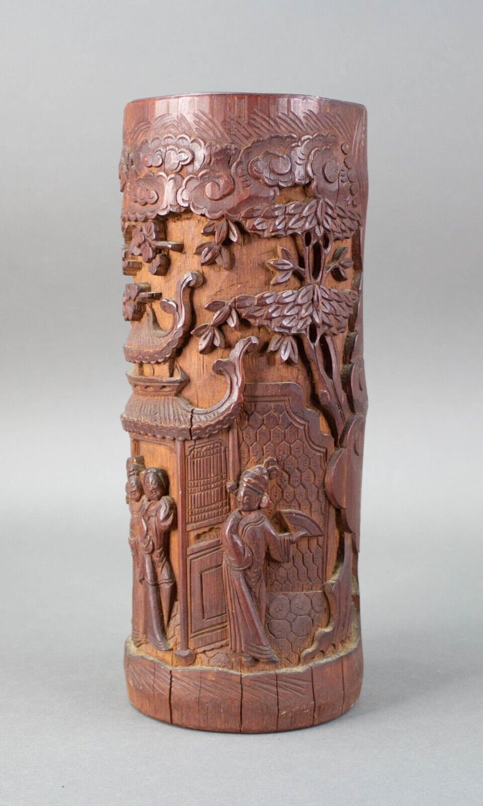 Antique Chinese Carved Bamboo Deep Relief Brush Pot Vase 11 5/8" Tall Signed