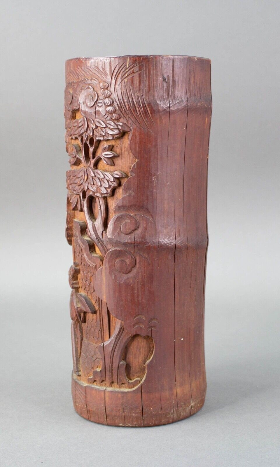 Antique Chinese Carved Bamboo Deep Relief Brush Pot Vase 11 5/8" Tall Signed