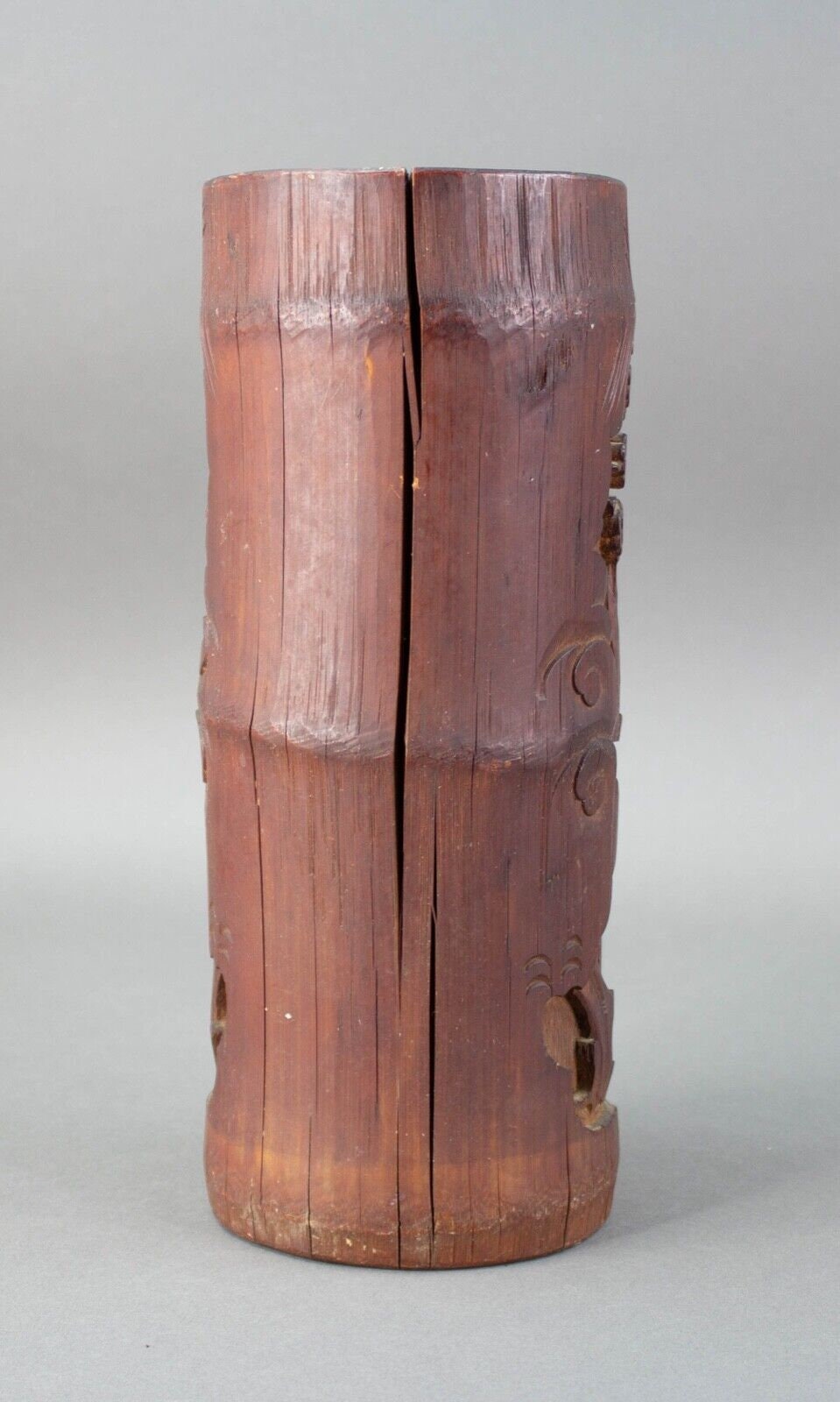 Antique Chinese Carved Bamboo Deep Relief Brush Pot Vase 11 5/8" Tall Signed