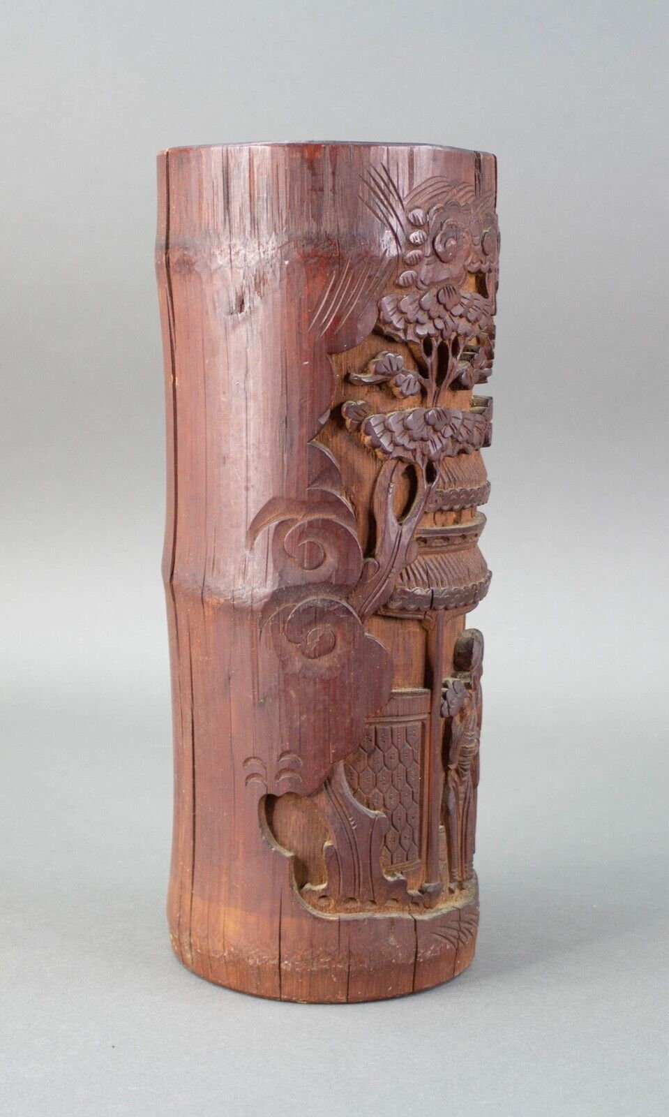 Antique Chinese Carved Bamboo Deep Relief Brush Pot Vase 11 5/8" Tall Signed