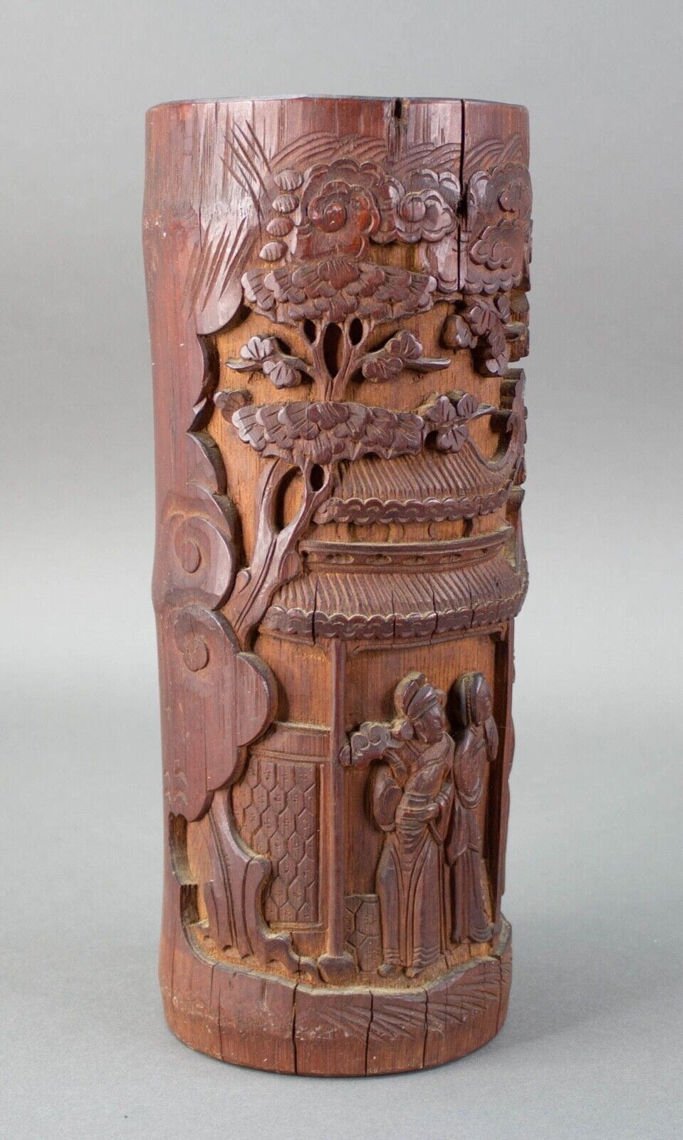 Antique Chinese Carved Bamboo Deep Relief Brush Pot Vase 11 5/8" Tall Signed