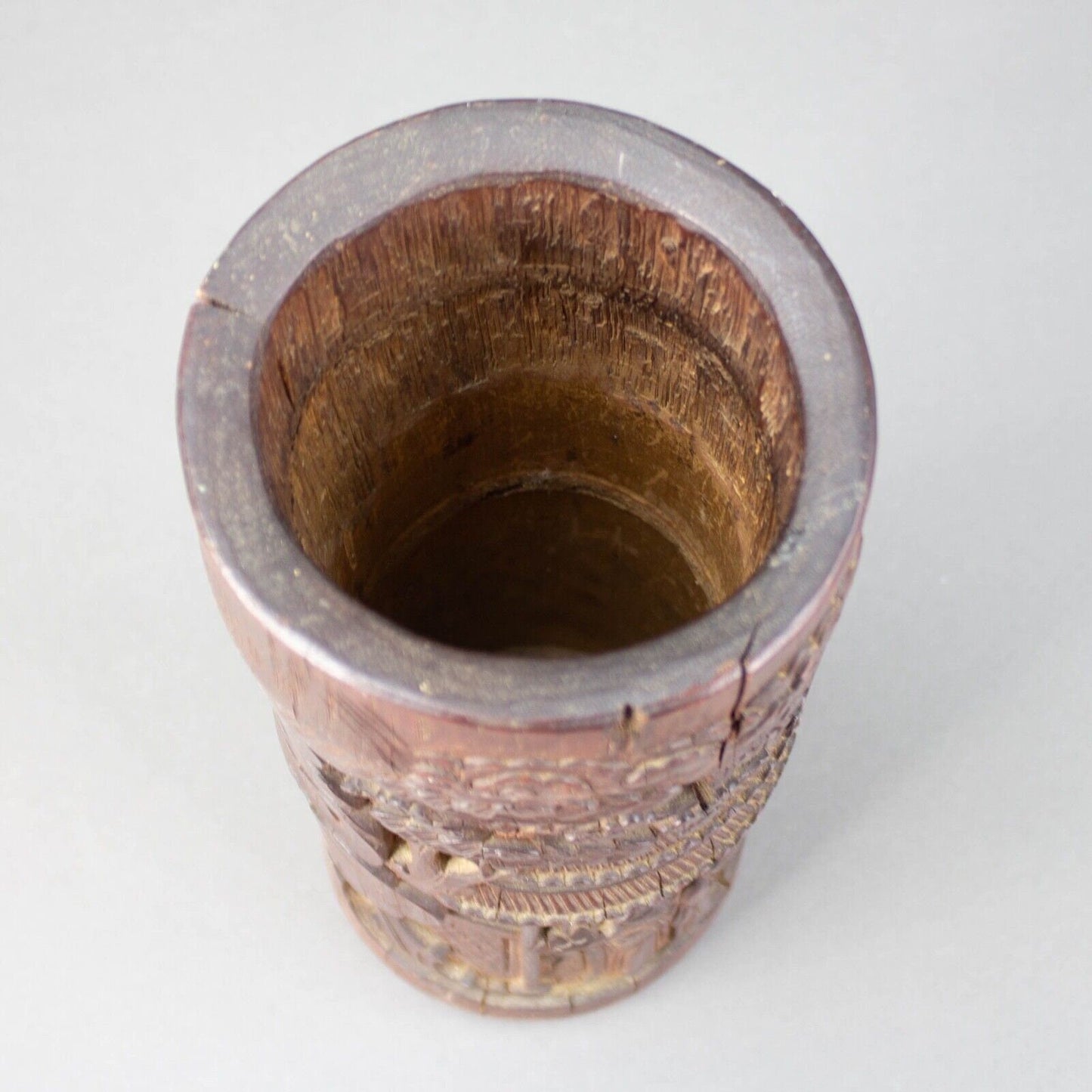 Antique Chinese Carved Bamboo Deep Relief Brush Pot Vase 11 5/8" Tall Signed
