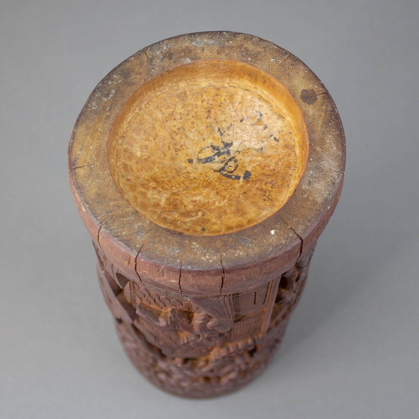 Antique Chinese Carved Bamboo Deep Relief Brush Pot Vase 11 5/8" Tall Signed