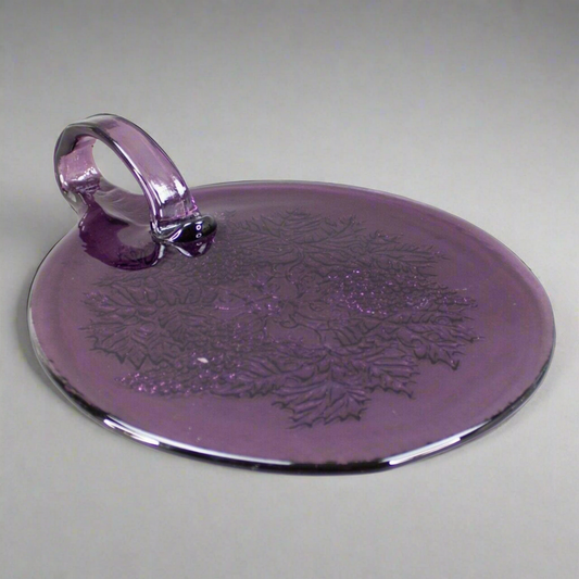 Vintage Blenko Grape Leaves Purple Art Glass Handled Cheese Tray Cutting Board