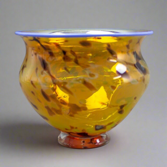 Signed 2003 Handmade Amber Blue Rimmed Art Glass Footed Bowl Vase