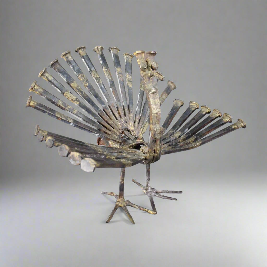 Vintage Mid Century Modern Brutalist Welded Nail Art Peacock Bird Sculpture MCM