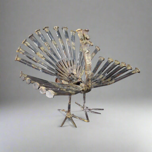 Vintage Mid Century Modern Brutalist Welded Nail Art Peacock Bird Sculpture MCM