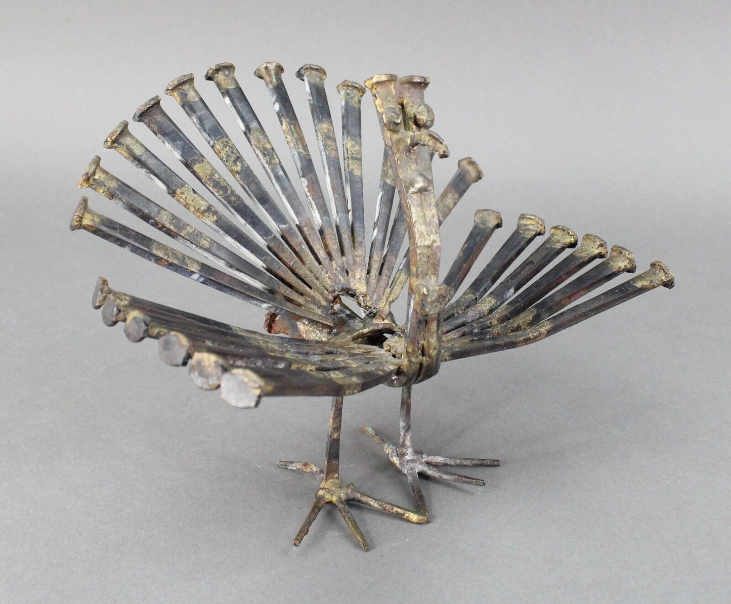 Vintage Mid Century Modern Brutalist Welded Nail Art Peacock Bird Sculpture MCM