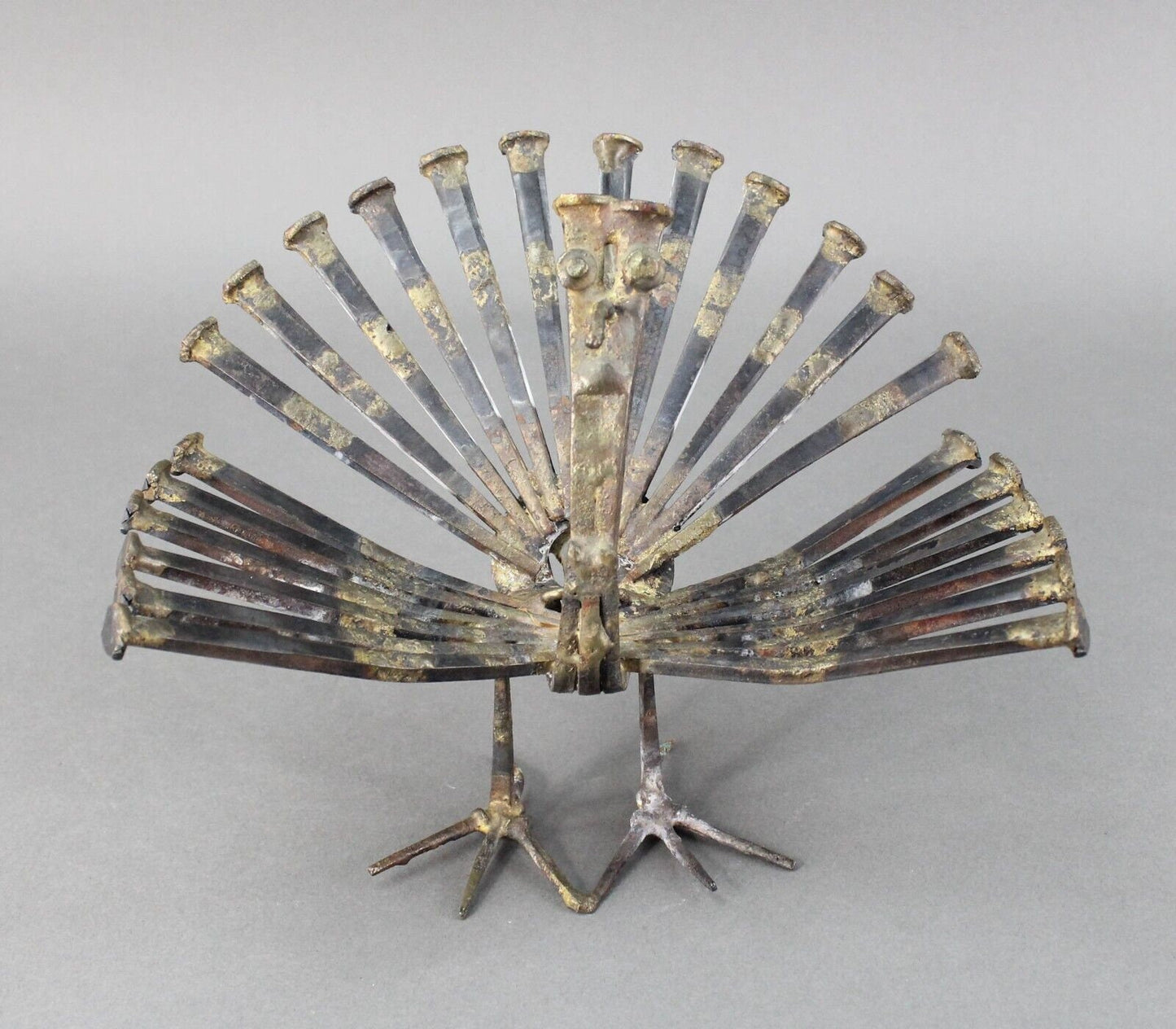 Vintage Mid Century Modern Brutalist Welded Nail Art Peacock Bird Sculpture MCM