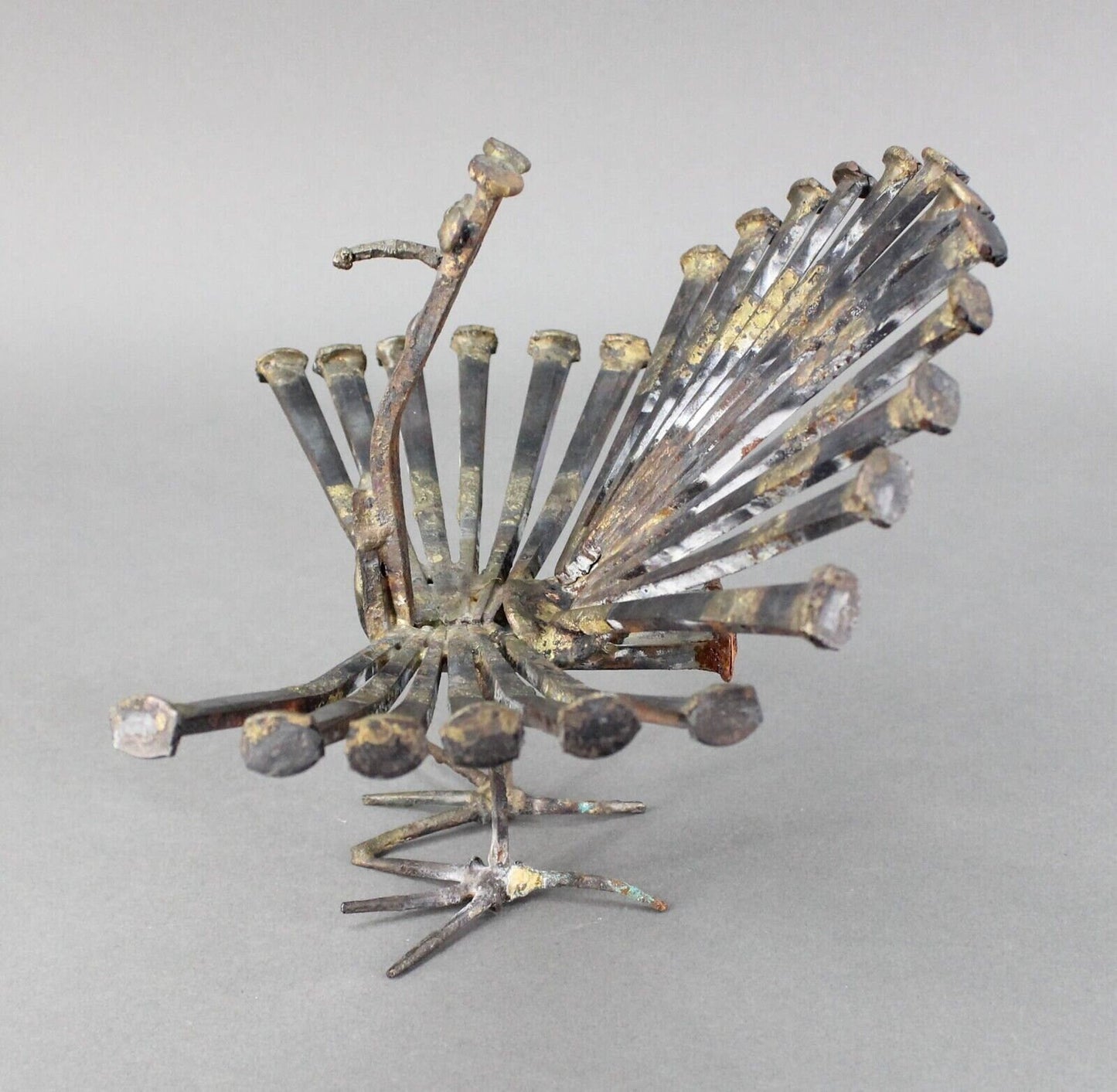 Vintage Mid Century Modern Brutalist Welded Nail Art Peacock Bird Sculpture MCM