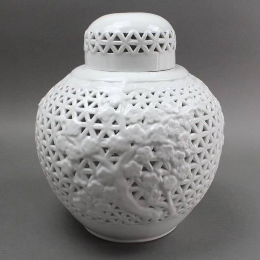 Blanc De Chine Pierced Reticulated Cherry Blossom Large Lidded Ginger Jar Vase