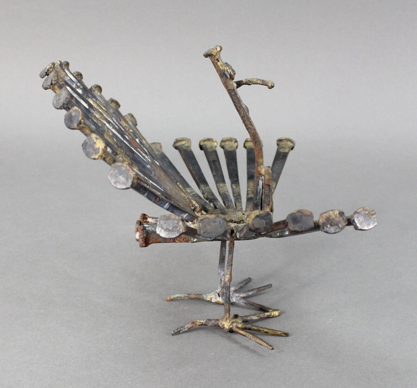 Vintage Mid Century Modern Brutalist Welded Nail Art Peacock Bird Sculpture MCM
