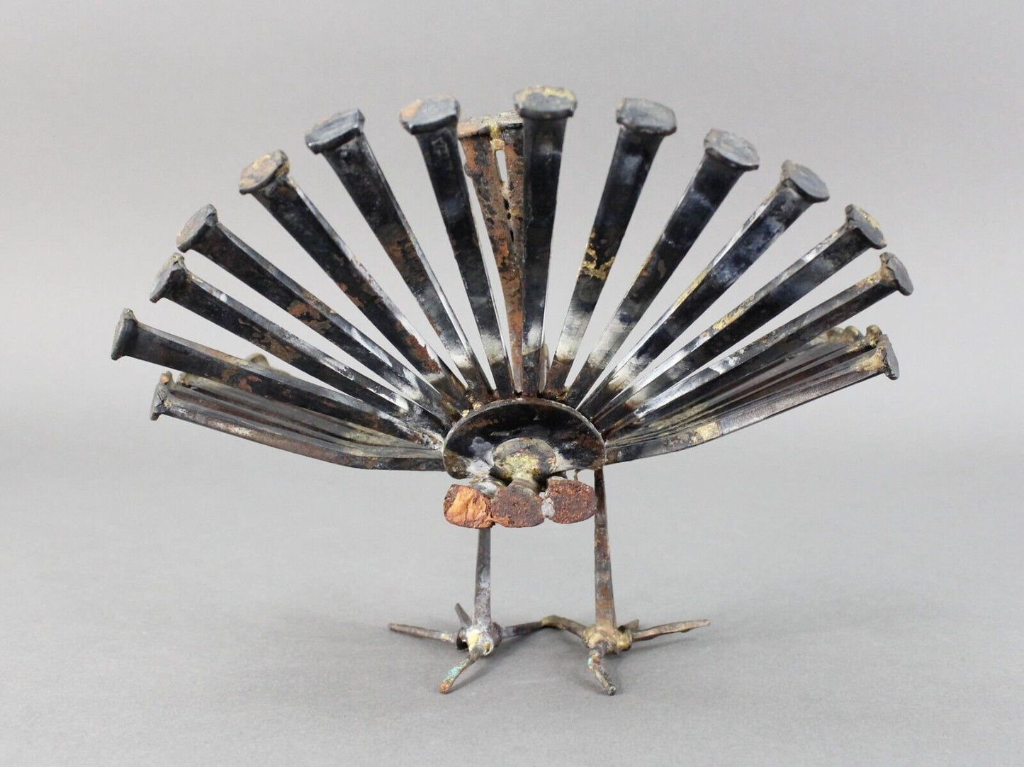 Vintage Mid Century Modern Brutalist Welded Nail Art Peacock Bird Sculpture MCM