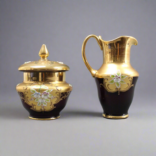 Tre Fuochi Venetian Murano Glass Ruby Red 24K Gold Floral Creamer & Sugar Set