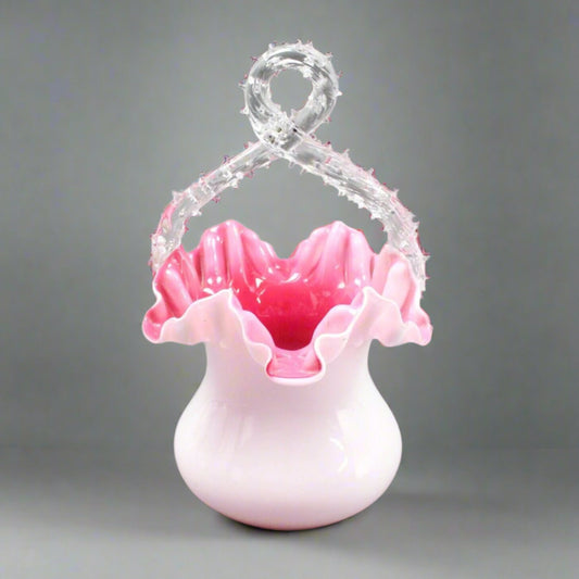 Victorian Twisted Thorn Handle White Pink Cased Ruffled Art Glass Vase Basket