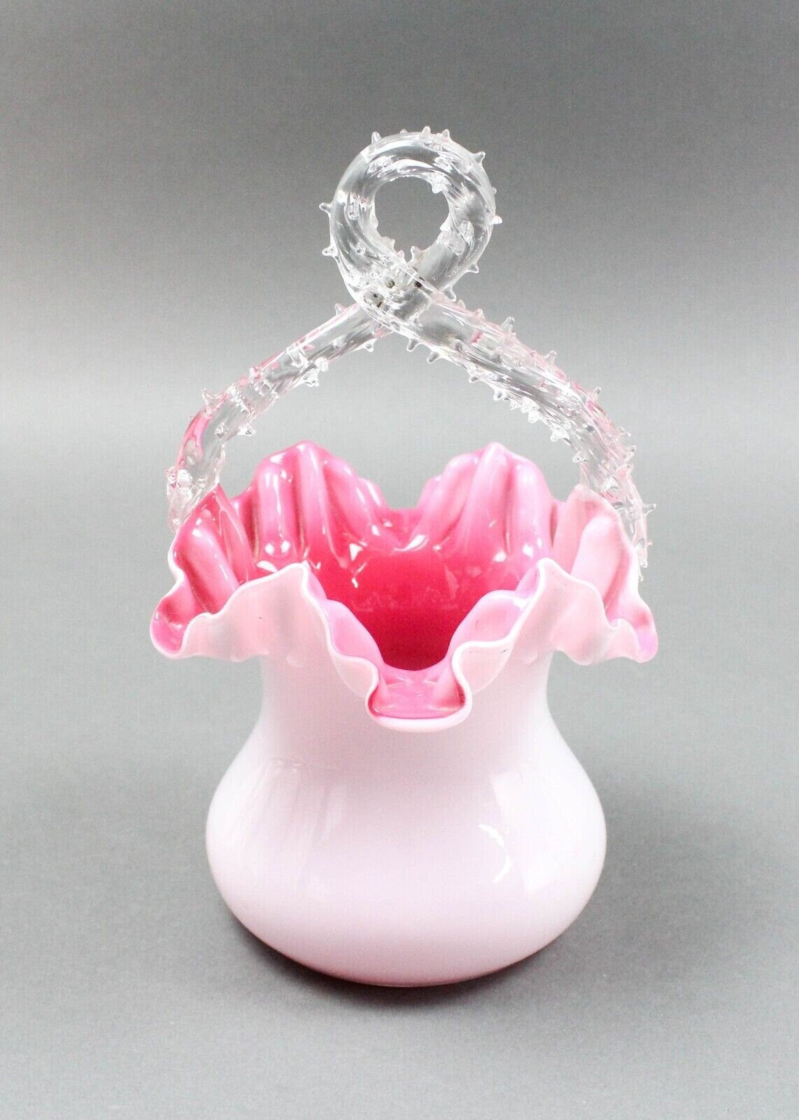Victorian Twisted Thorn Handle White Pink Cased Ruffled Art Glass Vase Basket
