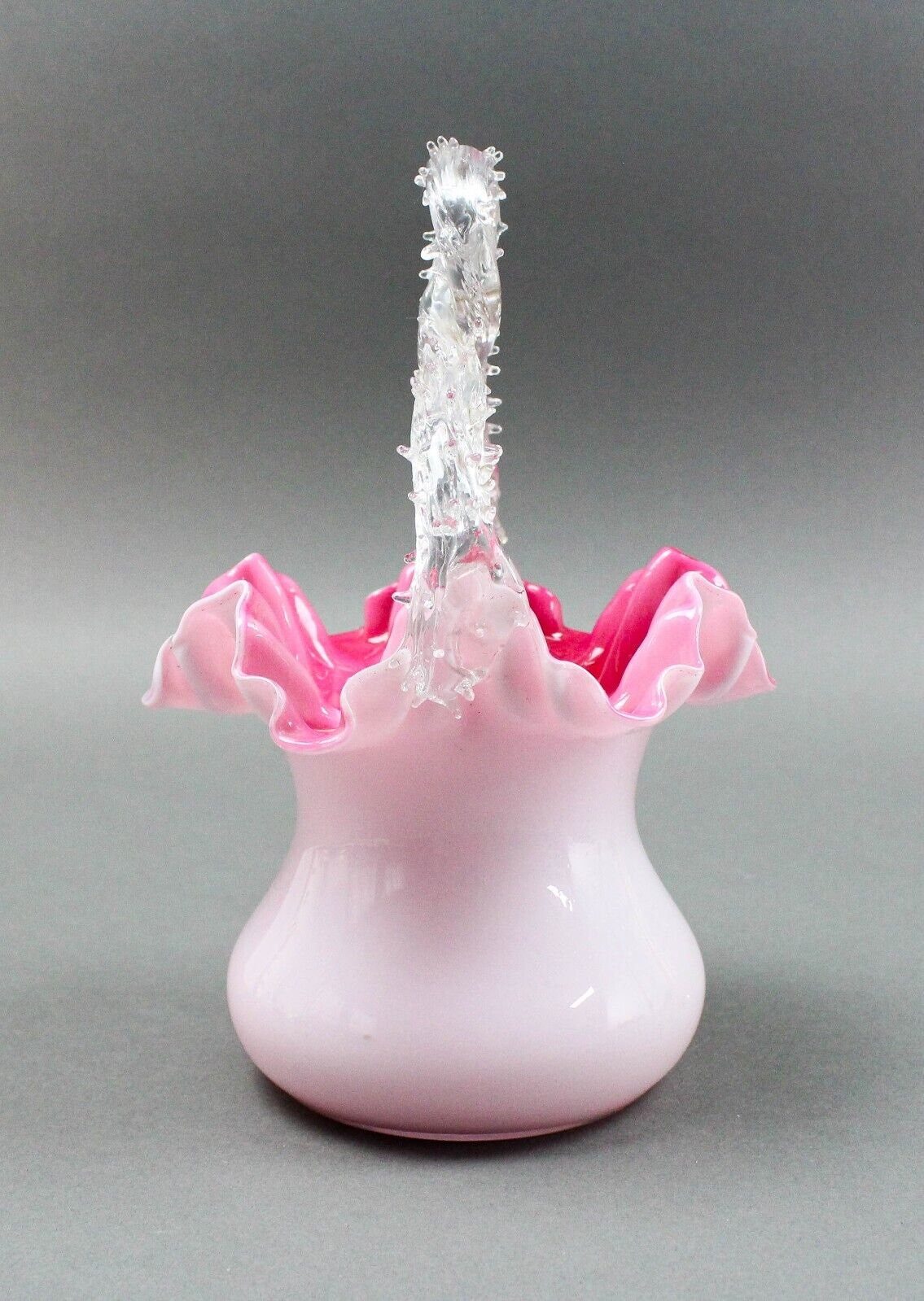 Victorian Twisted Thorn Handle White Pink Cased Ruffled Art Glass Vase Basket