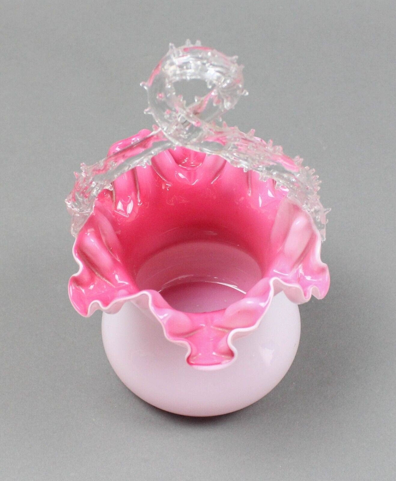 Victorian Twisted Thorn Handle White Pink Cased Ruffled Art Glass Vase Basket