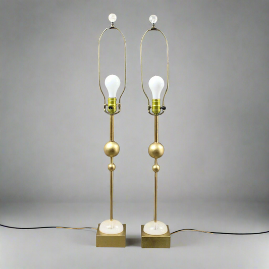 Roche Bobois Pair Of Gold Orb Table Lamps With Crackled Lucite Accents