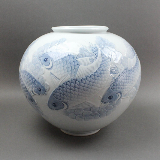 Huge Vintage Chinese Asian Koi Fish Celadon Porcelain Pottery Vase Moon Jar