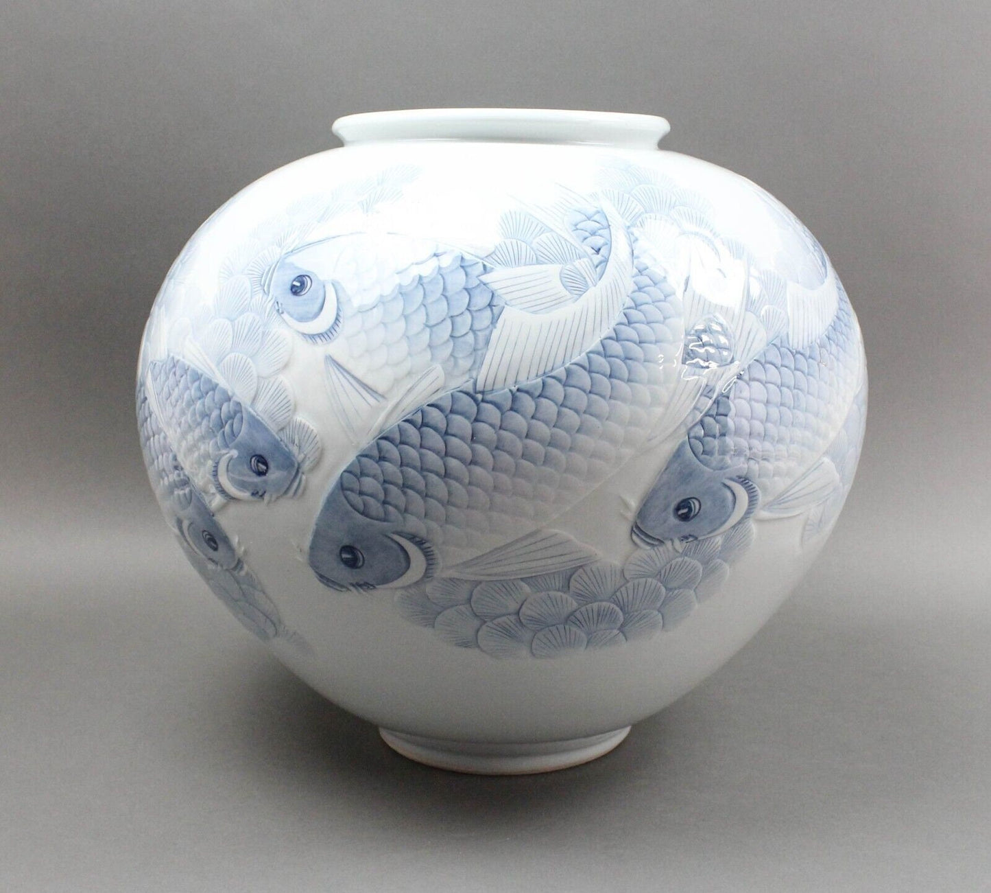 Huge Vintage Chinese Asian Koi Fish Celadon Porcelain Pottery Vase Moon Jar